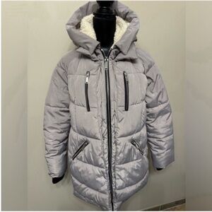 HFX Women’s Gray Hooded Puffer Jacket with Zipper Details L